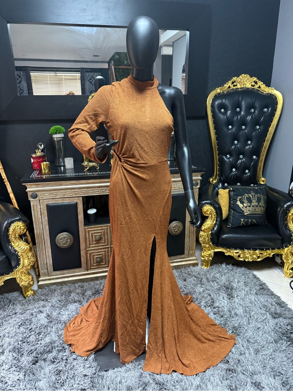 Fashion Nova Copper One-Shoulder Long Sleeve Evening Gown